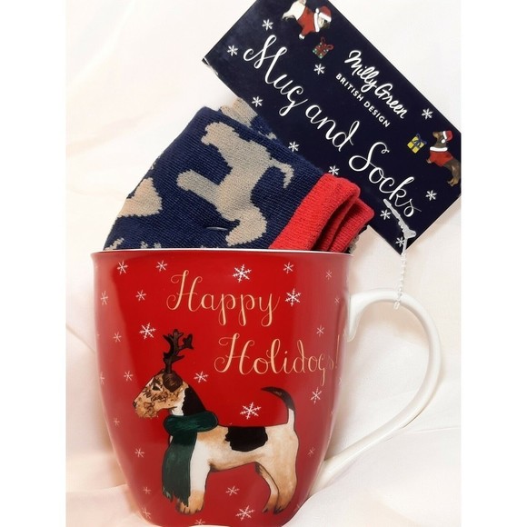 New Milly Green Christmas Dog Mug & Socks Set “Happy Holidogs" Wire Fox Terrier - Picture 1 of 8
